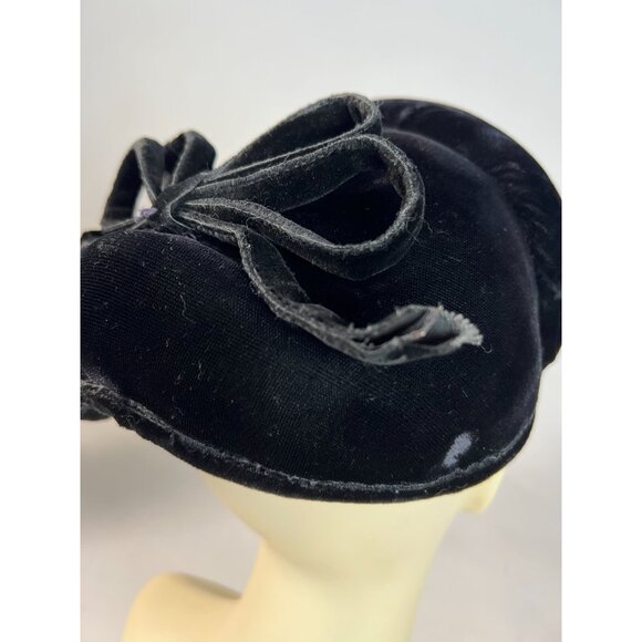 Vintage Black Velvet Womens Pillbox Hat With Bow Accent - Picture 10 of 12